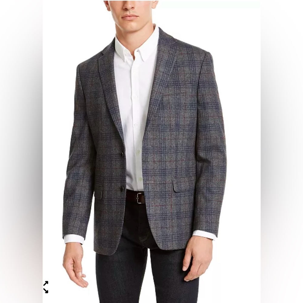 Tommy Hilfiger Modern Fit Grey Blue Plaid Sport Coat Blazer Academia Preppy Wool